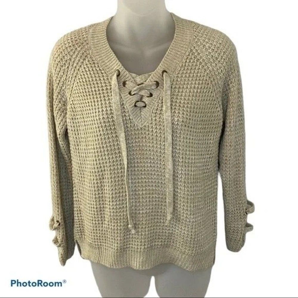 It’s Our Time Tan Long Sleeve Crochet Sweater Top Size Small
